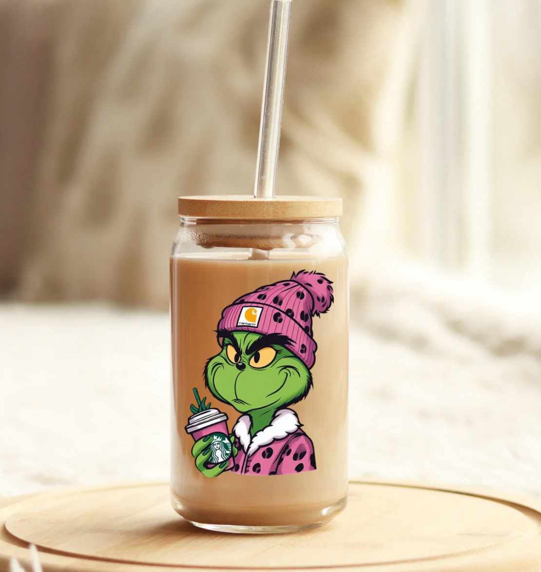 Glass Cup Grinch Coffe Pink