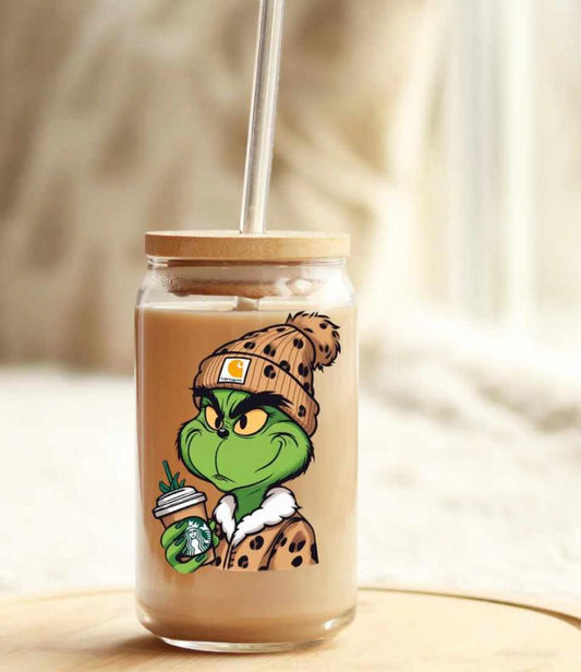 Glass Cup Grinch coffe